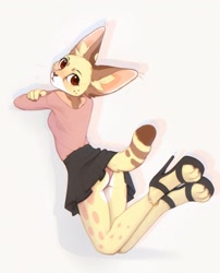 Size: 1657x2048 | Tagged: safe, artist:yshanii, oc, feline, mammal, serval, anthro, 2024, bottomwear, butt, clothes, female, high heels, looking at you, looking back, looking back at you, lying down, panties, shirt, shoes, skirt, solo, solo female, tail, topwear, underwear, upskirt