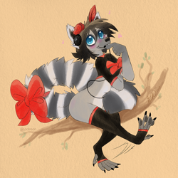 Size: 1024x1024 | Tagged: safe, artist:kwik, oc, lemur, mammal, primate, anthro, 2023, blue eyes, bow, brown hair, clothes, earphones, ears, feather, flower, flower in hair, fur, gray body, gray fur, hair, hair accessory, legwear, male, paws, plant, signature, solo, solo male, stockings, striped fur, tail, topwear