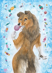Size: 702x1000 | Tagged: safe, artist:dolphiana, canine, dog, mammal, anthro, 2017, 2d, arm fluff, brown eyes, butt fluff, candy, cute, ear fluff, female, fluff, food, fur, holding candy, holding food, holding lollipop, holding object, licking, lollipop, looking back, multicolored fur, neck fluff, paw pads, paws, sheepdog, shetland sheepdog, signature, smiling, solo, solo female, tail, tail fluff, tongue, tongue out, traditional art
