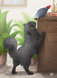 Size: 811x1100 | Tagged: safe, artist:dolphiana, african grey parrot, bird, cat, feline, mammal, parrot, feral, 2017, 2d, ambiguous gender, ambiguous only, belly fluff, bird feet, black body, black eyes, black fur, black nose, black paw pads, butt fluff, cheek fluff, colored sclera, cute, duo, duo ambiguous, ear fluff, feathers, fluff, food, fur, gray feathers, head fluff, leg fluff, neck fluff, paw pads, plant, signature, smiling, tail, tail fluff, whiskers, yellow sclera