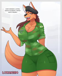 Size: 1736x2122 | Tagged: safe, artist:lykan284, oc, oc only, canine, mammal, wolf, anthro, 2024, belly button, bottomwear, breasts, clothes, dialogue, digital art, ears, eyelashes, female, fur, hair, hat, headwear, open mouth, sharp teeth, shirt, shorts, simple background, solo, solo female, speech bubble, talking, talking to viewer, teeth, text, thighs, tongue, topwear, wide hips