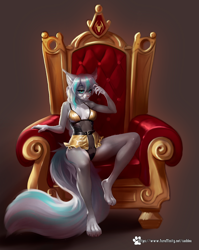 Size: 1592x2000 | Tagged: suggestive, artist:caddea, oc, oc only, cat, feline, mammal, anthro, digitigrade anthro, 2024, belly button, breasts, clothes, digital art, ears, eyelashes, female, fur, hair, lingerie, simple background, sitting, solo, solo female, thighs, throne, underwear, wide hips
