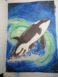Size: 1920x2560 | Tagged: safe, artist:ormspryde, cetacean, mammal, orca, artwork, space, space whale, traditional art