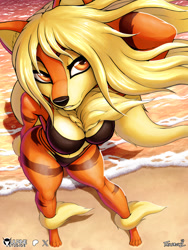 Size: 900x1200 | Tagged: safe, artist:tailsrulz, arcanine, fictional species, mammal, anthro, digitigrade anthro, nintendo, pokémon, 2024, beach, belly button, big breasts, bikini, breasts, clothes, detailed background, digital art, ears, eyelashes, female, fluff, hair, neck fluff, pose, solo, solo female, swimsuit, thighs, wide hips