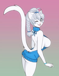 Size: 1696x2173 | Tagged: suggestive, artist:scorpdk, oc, oc only, cat, feline, mammal, anthro, 2024, breasts, butt, clothes, digital art, ears, eyelashes, female, fur, hair, looking at you, looking back, looking back at you, one eye closed, pose, rear view, sideboob, simple background, solo, solo female, sweater, tail, thighs, topwear, virgin killer sweater, wide hips