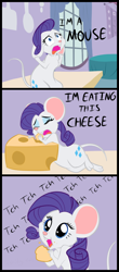 Size: 562x1280 | Tagged: safe, artist:furseiseki, rarity (mlp), mammal, mouse, rodent, feral, friendship is magic, hasbro, my little pony, cheese, comic, eating, female, fur, onomatopoeia, open mouth, smiling, solo, solo female, species swap, text, white body, white fur