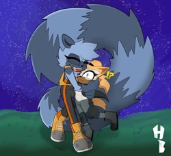 Size: 2048x1871 | Tagged: safe, artist:buddyhyped, artist:thathypedbuddy, artist:thehypedbuddy, tangle the lemur (sonic), whisper the wolf (sonic), canine, lemur, mammal, primate, ring-tailed lemur, wolf, anthro, idw, idw sonic the hedgehog, sega, sonic the hedgehog (series), digital art, duo, duo female, eyes closed, fanart, fangs, female, female/female, females only, fluff, hug, lgbt, sharp teeth, shipping, smiling, tail, tail fluff, teeth, whispangle (sonic), wide eyes