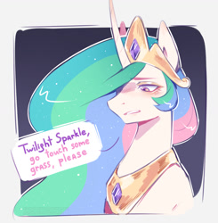 Size: 1459x1486 | Tagged: safe, artist:purplesound, princess celestia (mlp), equine, fictional species, mammal, pony, unicorn, feral, friendship is magic, hasbro, my little pony, 2023, blue hair, crown, english text, female, fur, green hair, hair, headwear, horn, jewelry, long hair, mane, multicolored hair, necklace, open mouth, peytral, pink hair, purple eyes, purple hair, regalia, solo, solo female, speech bubble, text, tiara, white body, white fur