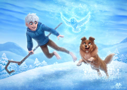 Size: 1060x754 | Tagged: safe, artist:dolphiana, jack frost (rise of the guardians), bird, bird of prey, canine, dog, human, mammal, owl, feral, lifelike feral, dreamworks animation, rise of the guardians, 2019, 2d, ambiguous gender, barefoot, belly fluff, black nose, blue eyes, bottomwear, brown eyes, cane, cheek fluff, chest fluff, clothes, conifer tree, cute, dipstick tail, ear fluff, female, fluff, flying, fur, group, hair, light skin, male, multicolored body, multicolored fur, non-sapient, open mouth, open smile, pants, pink tongue, plant, realistic, running, sheepdog, shetland sheepdog, signature, sky, smiling, snow, socks (leg marking), sweater, tail, tail fluff, teeth, tongue, topwear, tree, trio, white hair