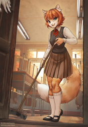 Size: 875x1250 | Tagged: safe, artist:-deymos-, artist:iskra, collaboration, oc, oc:vera (iskra), cat, feline, mammal, anthro, 2024, bottomwear, breasts, broom, classroom, clothes, cute, desk, female, indoors, knee-high socks, looking at you, low angle, offscreen character, open mouth, open smile, school uniform, schoolgirl, shoes, skirt, smiling, smiling at you, socks, sweeping