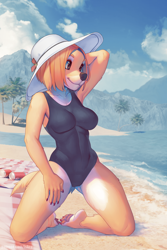 Size: 750x1125 | Tagged: suggestive, artist:-deymos-, artist:iskra, collaboration, oc, oc only, canine, dog, mammal, anthro, digitigrade anthro, 2022, beach, cameltoe, clothes, commission, detailed background, digital art, ears, eyelashes, female, hair, hat, headwear, kneeling, one-piece swimsuit, pose, solo, solo female, swimsuit, tail, thighs, wide hips
