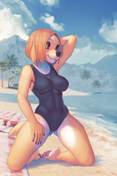 Size: 750x1125 | Tagged: suggestive, alternate version, artist:-deymos-, artist:iskra, collaboration, oc, oc only, canine, dog, mammal, anthro, digitigrade anthro, 2022, beach, cameltoe, clothes, commission, detailed background, digital art, ears, eyelashes, female, hair, kneeling, one-piece swimsuit, pose, solo, solo female, swimsuit, tail, thighs, wide hips