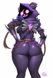 Size: 1393x2048 | Tagged: suggestive, artist:pankekes7, raven team leader (fortnite), bear, mammal, anthro, epic games, fortnite, 2024, breasts, ears, eyelashes, female, fur, hair, hand on hip, headdress, looking at you, looking back, looking back at you, pose, rear view, short tail, sideboob, simple background, solo, solo female, tail, thighs, white background, wide hips