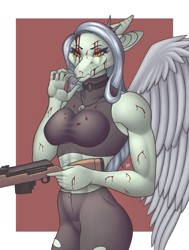 Size: 2250x2970 | Tagged: suggestive, artist:hermitpioneer, fang (goodbye volcano high), pteranodon, pterosaur, reptile, anthro, goodbye volcano high, 2024, abs, blood, cigarette, clothes, collar, gun, muscles, nonbinary, rifle, smoke, smoking, solo, solo nonbinary, weapon