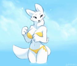 Size: 720x620 | Tagged: safe, alternate version, artist:2d10art, arctic fox, canine, fox, mammal, anthro, 2024, animated, belly button, big breasts, big butt, bikini, bouncing breasts, breasts, butt, clapping, clothes, cloud, dancing, eyes closed, female, fluff, fur, neck fluff, ocean, outdoors, partially submerged, paw pads, paws, smiling, solo, solo female, standing in water, swimsuit, tail, tail swish, thick thighs, thighs, water, white body, white fur, wide hips, yellow bikini