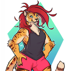 Size: 1873x1967 | Tagged: safe, artist:vateo, cheetah, feline, mammal, anthro, 2024, bottomwear, clothes, digital art, ear piercing, ears, fur, glasses, hair, intersex, intersex male, looking at you, piercing, red hair, round glasses, shirt, shorts, spots, spotted fur, striped fur, tail, tan body, tan fur, topwear, wide hips