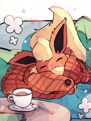Size: 1536x2048 | Tagged: safe, artist:hanabusaoekaki, eeveelution, fictional species, flareon, mammal, nintendo, pokémon, 2023, blanket, blushing, container, couch, cup, drink, eyes closed, fangs, fluff, open mouth, pillow, saucer, sharp teeth, solo, spoon, tail, tail fluff, tea, teacup, teeth