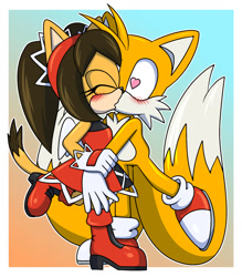 Size: 1280x1461 | Tagged: safe, artist:sonicguru, honey the cat (sonic), miles "tails" prower (sonic), canine, cat, feline, fox, mammal, anthro, sega, sonic the hedgehog (series), 2023, abstract background, black hair, black nose, blushing, boots, bottomwear, cheek fluff, clothes, commission, digital art, dipstick tail, duo, eyes closed, female, fluff, grabbing arm, gradient background, hair, hair accessory, heart, heart eyes, kissing, male, multicolored tail, multiple tails, one leg raised, raised leg, red dress, shoes, skirt, tail, tail markings, two tails, two toned tail, white body, wingding eyes, wings, yellow body, yellow hair, yellow tail