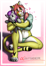 Size: 1614x2283 | Tagged: suggestive, artist:alfabetalust, oc, oc only, cat, feline, mammal, anthro, digitigrade anthro, 2023, belly button, black nose, breasts, clothes, crop top, cuddling, digital art, ears, eyelashes, female, fur, hair, hug, panties, plushie, pose, simple background, solo, solo female, tail, thighs, topwear, toy, underwear, wide hips