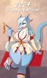 Size: 1496x2463 | Tagged: suggestive, artist:son2j, oc, oc only, dragon, fictional species, anthro, digitigrade anthro, 2023, belly button, bottomwear, breasts, cameltoe, clothes, digital art, dragoness, dress, ears, eyelashes, female, hair, holiday, new year, open mouth, panties, pose, scales, solo, solo female, tail, thick thighs, thighs, tongue, underwear, wide hips