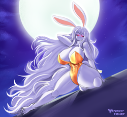 Size: 2006x1837 | Tagged: suggestive, artist:byghosteduard, carrot (one piece), fictional species, lagomorph, mammal, mink tribe, rabbit, anthro, digitigrade anthro, one piece, 2023, black nose, breasts, cameltoe, clothes, detailed background, digital art, ears, eyelashes, female, fur, hair, huge breasts, leotard, looking at you, moon, night, pose, solo, solo female, squatting, sulong carrot (one piece), tail, thighs, wide hips