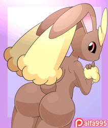 Size: 550x650 | Tagged: suggestive, alternate version, artist:alfa995, fictional species, lopunny, mammal, anthro, nintendo, pokémon, animated, arm fluff, big butt, black sclera, breasts, butt, butt shake, colored sclera, detailed background, digital art, ear fluff, ears, female, fluff, fur, gif, nudity, pose, rear view, rearboob, short tail, simple background, solo, solo female, tail, thighs, wide hips