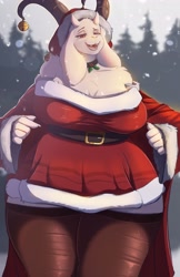 Size: 2650x4096 | Tagged: safe, artist:ardail, toriel (undertale), bovid, goat, mammal, anthro, undertale, 2023, 2024, bare shoulders, bell, big breasts, breasts, choking, christmas, cleavage, clothes, costume, dress, female, hat, headwear, holiday, holly, horns, huge breasts, legwear, lidded eyes, mature, mature female, open mouth, open smile, outdoors, santa costume, santa dress, santa hat, smiling, snow, solo, solo female, stockings, thick thighs, thigh highs, thighs, wide hips