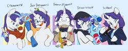 Size: 6880x2744 | Tagged: safe, artist:chub-wub, rarity (mlp), equine, fictional species, mammal, pony, unicorn, semi-anthro, friendship is magic, hasbro, my little pony, 2024, absurd resolution, alternate hairstyle, alternate universe, arm hooves, bandanna, beanie, bipedal, blue background, blueprint, book, clothes, crochet, crochet hook, crossed arms, cute, ear piercing, earring, eyebrows, eyeshadow, female, floppy ears, g4, glasses, glasses chain, glowing, glowing horn, hair, hairband, hat, headwear, hooves, horn, human shoulders, jacket, jewelry, knitting, levitation, lidded eyes, magic, magic aura, makeup, mare, measuring tape, microphone, multeity, one eye closed, open mouth, open smile, pen, pencil, personality swap, piercing, pincushion, plushie, raised eyebrow, rule 63, ruler, scarf, shirt, simple background, sketchbook, smiling, solo, solo female, spool, spray can, spray paint, suit, sweater, telekinesis, topwear, toy, turtleneck, winking