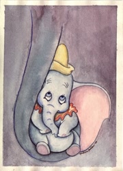 Size: 472x655 | Tagged: safe, artist:steen182, dumbo (character), mrs. jumbo (dumbo), elephant, mammal, feral, disney, dumbo (film), 2009, 2d, clothes, female, hat, headwear, male, male focus, mother, mother and child, mother and son, scene interpretation, signature, solo focus, son, traditional art, trunk, watercolor painting, young