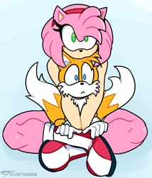 Size: 1750x2048 | Tagged: safe, artist:silenttandem, amy rose (sonic), miles "tails" prower (sonic), canine, fox, hedgehog, mammal, anthro, plantigrade anthro, sega, sonic the hedgehog (series), blue eyes, boots, clothes, colored pupils, duo, duo male and female, ears, eyelashes, female, fluff, fox tail, gloves, green eyes, headband, headwear, holding, holding character, implied shipping, larger female, male, multiple tails, protecting, shipping fuel, shoes, sitting on lap, size difference, smaller male, sonic team, tail, tail fluff, tailamy (sonic), twin tails, two tails