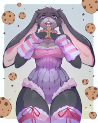 Size: 1717x2146 | Tagged: safe, artist:sheldon_dober, oc, oc only, lagomorph, mammal, rabbit, anthro, 2024, breasts, buckteeth, chocolate, chocolate chip cookies, clothes, commission, cookie, ears, eating, evening gloves, eyelashes, female, food, fur, gingerbread cookie, gloves, legwear, leotard, long gloves, open mouth, pose, solo, solo female, stockings, tail, teeth, thighs, tongue, wide hips