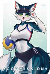 Size: 2793x4096 | Tagged: safe, artist:magu_mm_0824, canine, mammal, wolf, anthro, 2024, ball, breasts, clothes, crop top, female, solo, solo female, sports bra, sports panties, tail, thick thighs, thighs, topwear, volleyball, wide hips