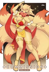 Size: 2793x4096 | Tagged: safe, artist:magu_mm_0824, fictional species, ninetales, anthro, nintendo, pokémon, 2024, anthrofied, big breasts, breasts, cleavage fluff, clothes, commission, dancer, female, fluff, loincloth, multiple tails, red eyes, solo, solo female, tail, thick thighs, thighs, veil, wide hips