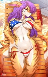 Size: 952x1529 | Tagged: suggestive, artist:damnlassotool, fish, shark, anthro, 2024, american flag bikini, bedroom eyes, bikini, breasts, cameltoe, clothes, female, flag bikini, looking at you, lying down, nipple outline, on back, one eye obstructed, outdoors, pointy ears, side-tie bikini, smiling, smiling at you, solo, solo female, swimsuit