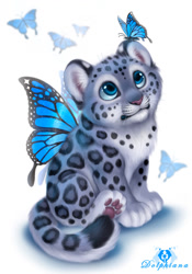 Size: 768x1100 | Tagged: safe, artist:dolphiana, arthropod, big cat, butterfly, feline, insect, leopard, mammal, snow leopard, feral, 2023, ambiguous gender, back fluff, blue eyes, cheek fluff, chest fluff, cub, cut, ear fluff, fluff, fur, head fluff, leg fluff, paw pads, pink nose, pink paw pads, signature, simple background, sitting, solo, solo ambiguous, spots, spotted fur, tail, tail fluff, whiskers, white background, young