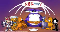 Size: 1850x1000 | Tagged: safe, artist:kirumokat, big the cat (sonic), felix the cat (felix the cat), garfield (garfield), heathcliff (character), riff-raff (heathcliff), cat, feline, fish, mammal, anthro, semi-anthro, felix the cat, garfield (comic), heathcliff, sega, sonic the hedgehog (series), 2 toes, 2014, 3 toes, angry, blobfeet, crossed arms, crossover, facepalm, male, males only, paws, plate