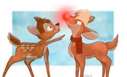 Size: 1147x697 | Tagged: safe, artist:urdar16, bambi (bambi), rudolph the red nosed reindeer, cervid, deer, mammal, reindeer, feral, bambi (film), disney, brown body, brown fur, christmas, clothes, duo, duo male, fawn, fur, glowing, glowing nose, holiday, male, males only, red nose, rudolph the red nosed reindeer: the movie, scarf, snow, spots, white spots, young