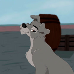Size: 894x894 | Tagged: safe, artist:urdar16, tramp (lady and the tramp), canine, dog, mammal, mutt, feral, disney, lady and the tramp, barrel, container, crate, fur, gray body, gray fur, male, solo, solo male