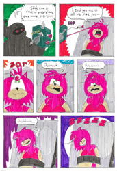 Size: 1280x1873 | Tagged: safe, artist:emperornortonii, amy rose (sonic), oc, oc:dreamcaster, hedgehog, mammal, anthro, comic:sweet sleepy sugarplum rose, sega, sonic the hedgehog (series), ambiguous gender, cloak, clothes, comic, comic page, eyelashes, eyes closed, female, fur, green eyes, hair, knocked out, open mouth, pink body, pink hair, plunger, sleeping, slightly chubby, tan body, tan fur, zzz