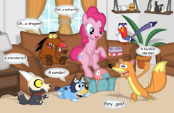 Size: 1111x719 | Tagged: safe, artist:porygon2z, bluey heeler (bluey), daggett doofus beaver (the angry beavers), king (the owl house), pinkie pie (mlp), swiper (dora the explorer), zazu (the lion king), australian cattle dog, beaver, bird, canine, dog, earth pony, equine, fictional species, fox, hornbill, mammal, pony, porygon, red fox, rodent, feral, semi-anthro, bluey (series), disney, dora the explorer, friendship is magic, hasbro, my little pony, nickelodeon, nintendo, pokémon, the angry beavers, the lion king, the owl house, 2023, 2d, bone, broken horn, card, charade, collar, couch, crossover, dialogue, english text, female, group, horn, horns, lamp, male, mare, on model, open mouth, open smile, puppy, sitting, skull, smiling, speech bubble, talking, text, titan, ungulate, young