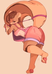 Size: 2555x3660 | Tagged: safe, artist:tohupony, mammal, rodent, squirrel, anthro, barefoot, bedroom eyes, big breasts, big butt, breasts, butt, feet, female, looking at you, looking back, looking back at you, seductive, seductive eyes, seductive look, seductive pose, smiling, smiling at you, soles, solo, solo female, thick thighs, thighs, tippy-toes, toes, wide hips