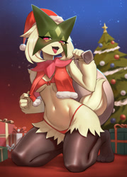 Size: 2250x3150 | Tagged: safe, artist:azuu, fictional species, meowscarada, anthro, digitigrade anthro, nintendo, pokémon, spoiler:pokémon gen 9, spoiler:pokémon scarlet and violet, 2023, belly button, bikini, breasts, christmas, clothes, detailed background, ears, eyelashes, female, fur, hair, hat, headwear, holiday, kneeling, mask, open mouth, santa hat, sharp teeth, short tail, solo, solo female, starter pokémon, swimsuit, tail, teeth, thighs, tongue, tongue out, wide hips