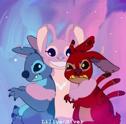 Size: 1563x1536 | Tagged: safe, artist:lillyanriver, angel (lilo & stitch), leroy (lilo & stitch), stitch (lilo & stitch), alien, experiment (lilo & stitch), fictional species, disney, lilo & stitch, angry, annoyed, antennae, back marking, back spines, blue claws, blue eyes, blue nose, body markings, chest marking, claws, ears, eyelashes, finger claws, fingers, fluff, frowning, fur, group, head fluff, hug, pink body, pink fur, purple claws, purple eyes, purple nose, red body, red claws, red fur, red nose, scut tail, short tail, smiling, tail, teeth, torn ear, trio, white marking, yellow teeth