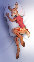 Size: 661x1200 | Tagged: safe, artist:yakovlev-vad, oc, oc only, oc:any (yakovlev-vad), cervid, deer, mammal, anthro, unguligrade anthro, 2024, 2d, bed, brown body, brown fur, clothes, cloven hooves, digital art, ears, eyes closed, female, fur, hooves, lying down, panties, pillow, shirt, sleeping, solo, solo female, tail, topwear, underwear, ungulate