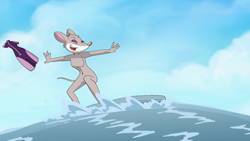Size: 2048x1152 | Tagged: artist needed, source needed, suggestive, artist:serram04, thea stilton (geronimo stilton), mammal, mouse, rodent, anthro, geronimo stilton (series), ears, eyes closed, female, fur, gray body, gray fur, nude beach, nudity, ocean, open mouth, outdoors, solo, solo female, surfboard, surfing, tail, thea sisters, water