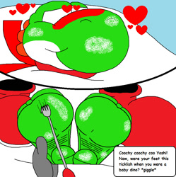 Size: 844x848 | Tagged: suggestive, artist:epictickler, yoshi (mario), fictional species, yoshi (species), semi-anthro, mario (series), nintendo, barefoot, feet, fetish, foot fetish, foot focus, fork, male, male focus, shoes removed, snow, soles, solo focus, tickling, toes