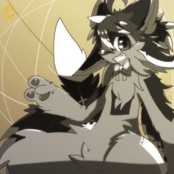 Size: 2048x2048 | Tagged: safe, artist:magvko6, oc, oc:umbriel (fathomfloof), avali, fictional species, semi-anthro, 2024, 4 ears, abstract background, bow, bow tie, cheek fluff, clothes, ear fluff, fangs, feathers, female, fluff, fur, gray body, gray eyes, gray feathers, gray fur, hair, hair over one eye, looking at you, multiple ears, open mouth, sharp teeth, signature, solo, solo female, teeth, winged arms, wings