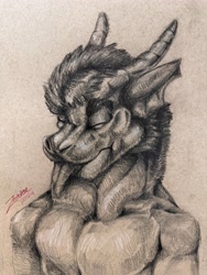 Size: 5712x4284 | Tagged: safe, dragon, fictional species, reptile, anthro, blep, dramatic lighting, eyes closed, graphite (artwork), grayscale, hair, happy expression, headshot portrait, horns, joyful, monochrome, pencil (artwork), rendered, shading, sketch, tongue, tongue out, traditional media (artwork), zaverose