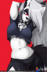 Size: 792x1224 | Tagged: safe, artist:inkkeystudios, loona (vivzmind), canine, fictional species, hellhound, mammal, anthro, hazbin hotel, helluva boss, 2024, armpits, arms behind head, bedroom eyes, belly button, bottomwear, breasts, clothes, collar, crop top, cropped shirt, ears, eyelashes, female, fur, hair, hair over one eye, midriff, red eyes, shorts, solo, solo female, spiked collar, tail, thighs, topwear, wide hips