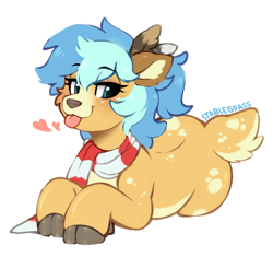 Size: 1860x1746 | Tagged: safe, artist:stablegrass, oc, oc only, oc:chime maplewood, cervid, deer, equine, mammal, pony, feral, friendship is magic, hasbro, my little pony, 2024, 2d, :p, blep, blue hair, blushing, butt freckles, cheek fluff, clothed feral, clothes, cloven hooves, cute, digital art, ears, emanata, eyebrow through hair, eyebrows, feather, female, fluff, freckles, fur, hair, happy, heart, hooves, looking at you, lying down, ponytail, scarf, short tail, signature, simple background, solo, solo female, spots, striped scarf, tail, tail fluff, tan body, tan fur, teal eyes, tongue, tongue out, white background